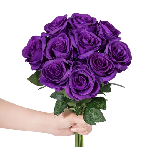 LFF 10pcs Silk Roses Artificial Flowers Fake Long Stem Roses for DIY Wedding Bouquet Home Decoration (Purple)