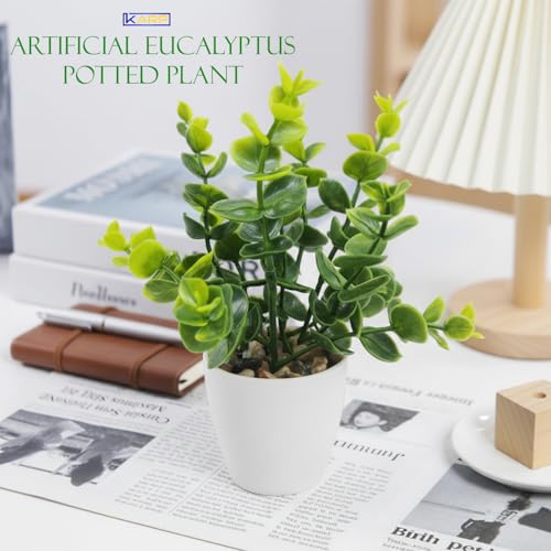 Image of KARP Artificial Potted Plants, 18Cm Height Faux Eucalyptus (Nilgiri or Safeda) Plant with White Pot Home Decor, Indoor Artificial Ornamental Plants for Living Room, Office Desk & Bathroom, Decorative