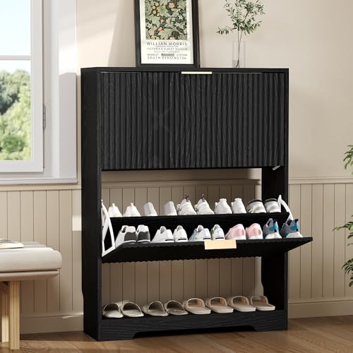 Garvee Shoe Storage Cabinet with 2 Flip Drawers,Slim Fluted Shoe Rack Cabinet with Open Storage,Wooden Hidden Shoe Rack Freestanding Narrow Shoes Organizer for Hallway, Entrance,Foyer,Black