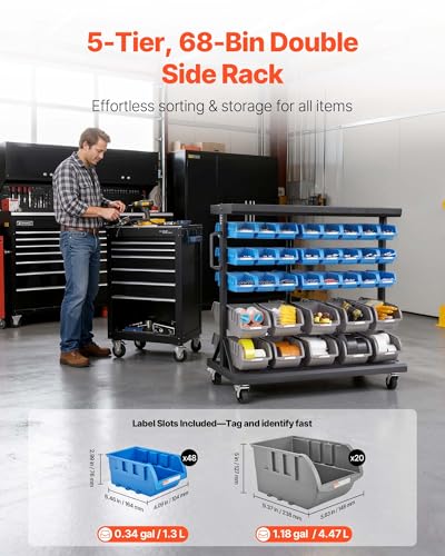 Image of VEVOR 5-Tier Double-Sided Rolling Bin Storage Rack, 68 Plastic Bins, Dual-Sided Parts Organizer with Wheels, Mobile Tool Organizer for Garage, Warehouse, Office, Restaurant, Classroom, Kitchen