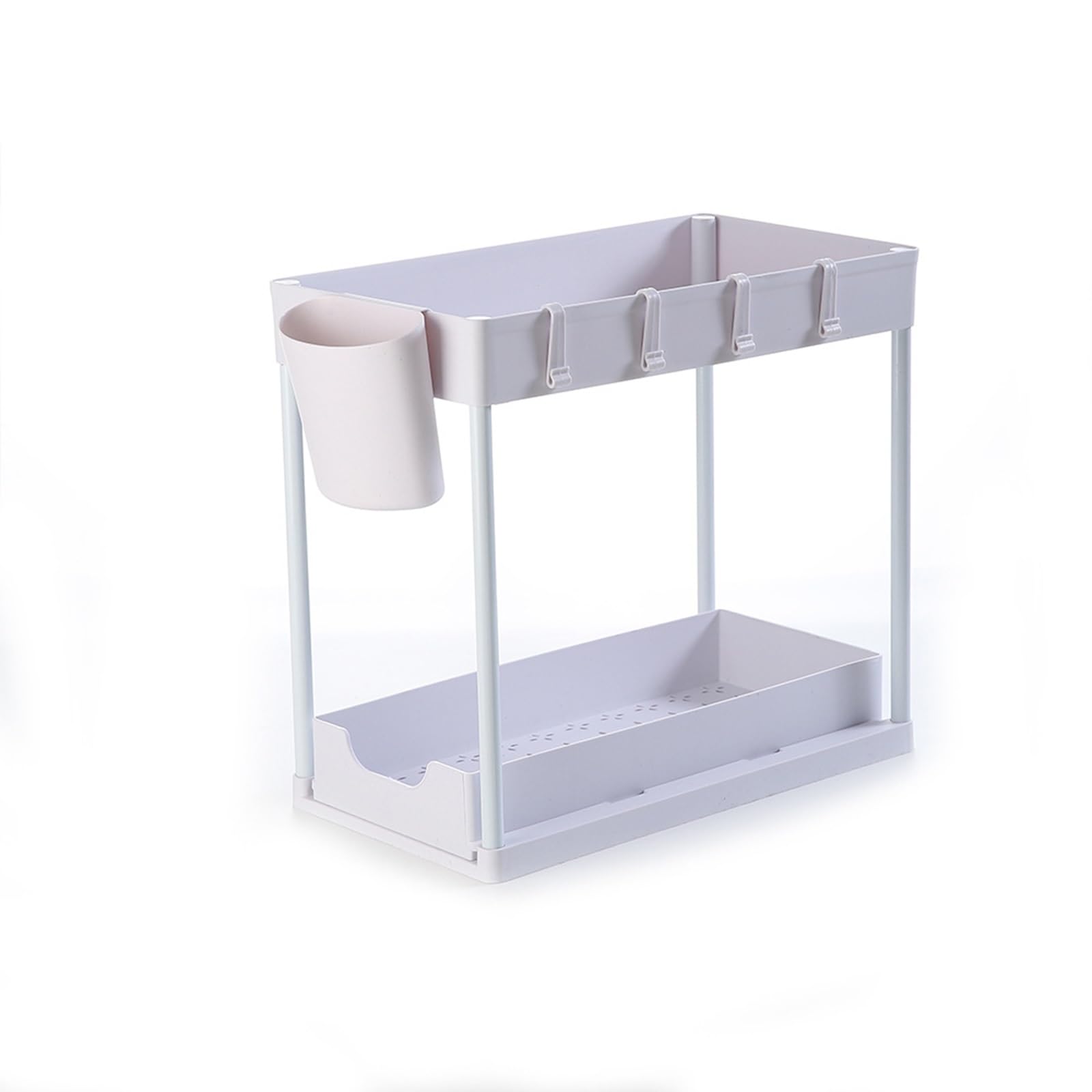 2-stöckiger Schrank-Organizer zum Herausziehen unter der Spüle, Organizer mit 4 Haken und hängenden Tassen, Badezimmer-/Küchen-Organizer und Aufbewahrung, 19,8 x 37,8 x 33,8 cm (Farbe: Weiß)