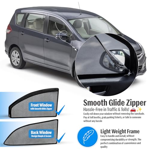 Image of Autofact Magnetic Car Sunshades Compatible with Maruti Ertiga Old (2012 to 2018) (Set of 4) - Easy Installation, UV Protection, Keeps Car Cool (Front 2 with Zippers, Rear 2 Without Zippers)