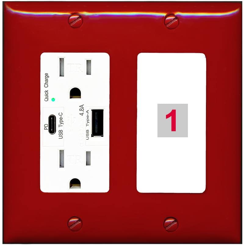 RiteAV Custom Wall Plate 1 Port, USB A+C Charger, Red/White, Choose HDMI Coax 3.5mm Banana Cat5/6 Phone RCA Speaker Toslink USB
