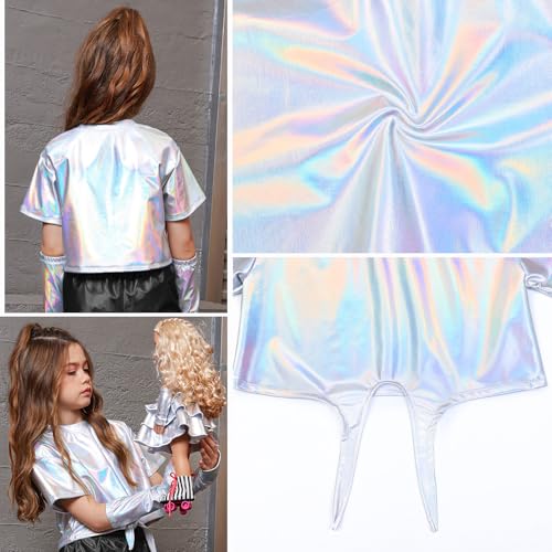 Image of Perfashion Girls Metallic Shirts Shiny Tie Front Knot Crop Top with Arm Sleeves for Dancing Raves Festivals 4-15 Years