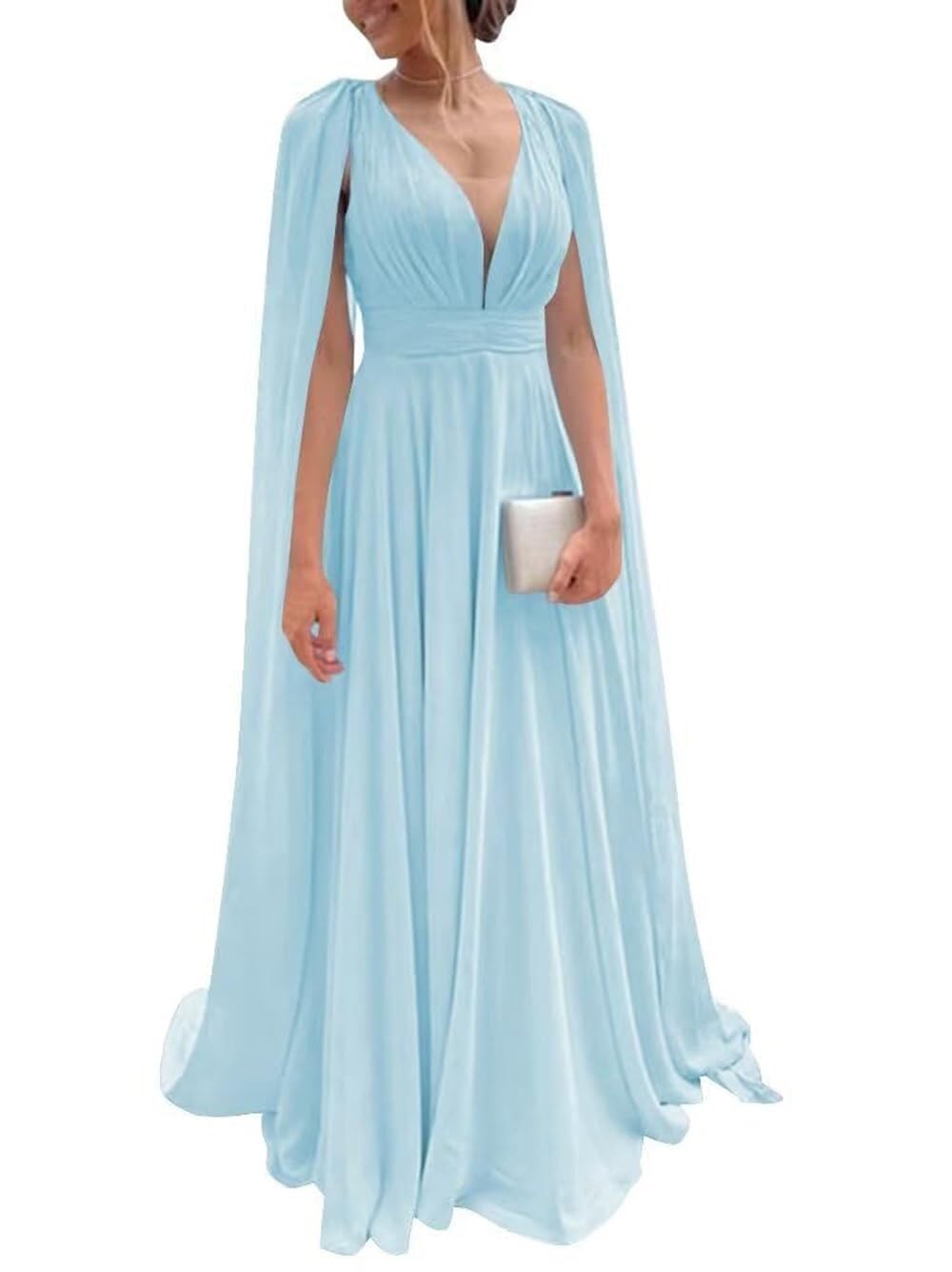 Chiffon Bridesmaid Dress for Women Cape Sleeve V-Neck Formal Evening Gowns with Pocket LBC020