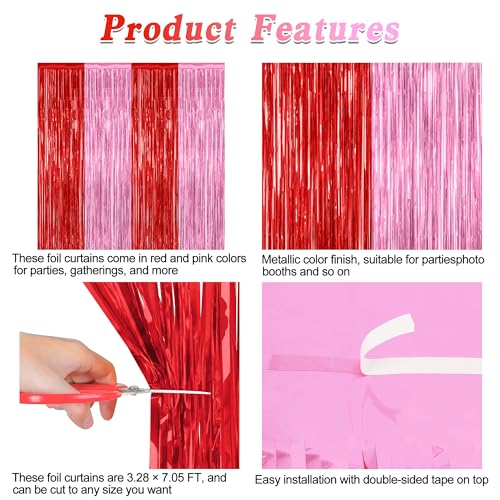 Image of ZATAYE 2 Pack Red Pink Valentines Foil Curtain Streamer Decorations | Red Pink, Metallic Foil, 3.28 x 7.05 FT, Tinsel Backdrop, Foil Curtain Streamer, Valentines Party Decorations