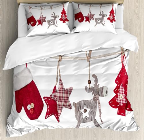 Ambesonne Christmas Duvet Cover Set, Traditional Xmas Celebration Items Hanging from Clothespins Retro, Decorative 3 Piece Bedding Set with 2 Pillow Shams, Queen Size, Red Cream Tan