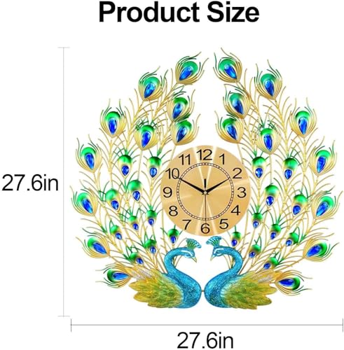 Image of European Style Luxury Large 2 Head Peacock Analog Clock 3D Diamonds Non-Ticking Silent Creative Personality Metal Art Wall Decorative Clock (2 Head Peacock Clock)