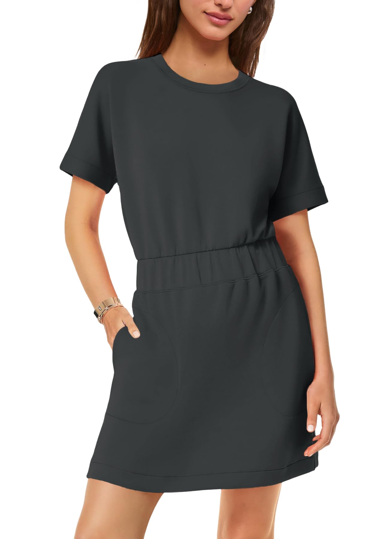SENSERISE Womens Short Sleeve T Shirt Dresses Crew Neck Solid Color Basic Smocked Waist Dress with Pockets