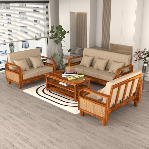 Image of Sheesham Wooden 7 Seater Sofa for Living Room | Solid Wood Sofa with Rattan Cane Side Rack | Rosewood Sofa Set for Home & Office | Lounge (Honey, 3+2+2 Seater)