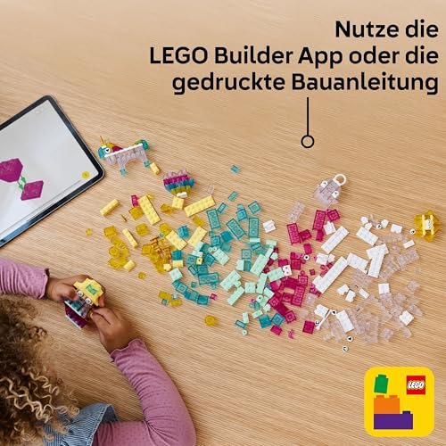 LEGO Classic Zauberbox mit durchsichtigen Steinen - Farbenfrohe Bausteine und Aufhängersteine - Einhorn, Drache, Pinguin und weitere Figuren - Bastelset für Mädchen & Jungen ab 5 Jahren 11040