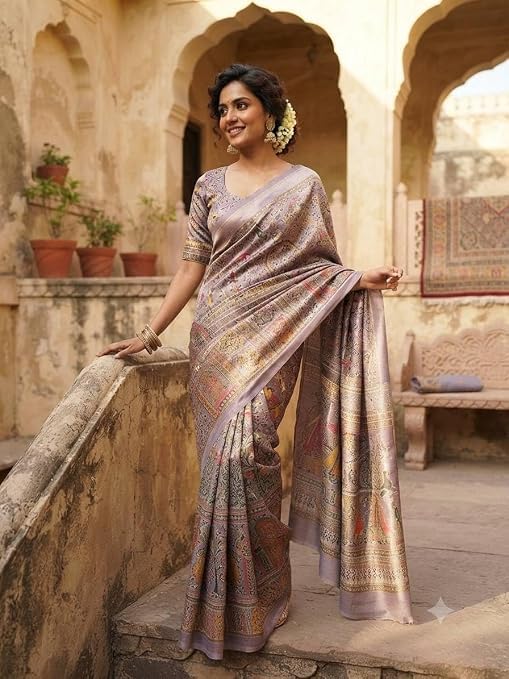 Image of Women's Pashmina Silk Saree with Kashmiri Thread Pallu and Zari Border