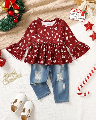 Christmas Baby Girl Clothes Toddler Girl Jeans Outfits Ruffle Shirt Denim Pants Girls Clothing Set Fall Winter Outfit - Thumbnail 6