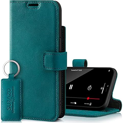 SURAZO iPhone 14 Case Wallet Leather Genuine - RFID 3 Card Slots & Cash Pocket - Secure Magnetic Closure Plus Stand Function - Flip Folio Cover - Only for iPhone 14 Screen Protector Turquoise Cover