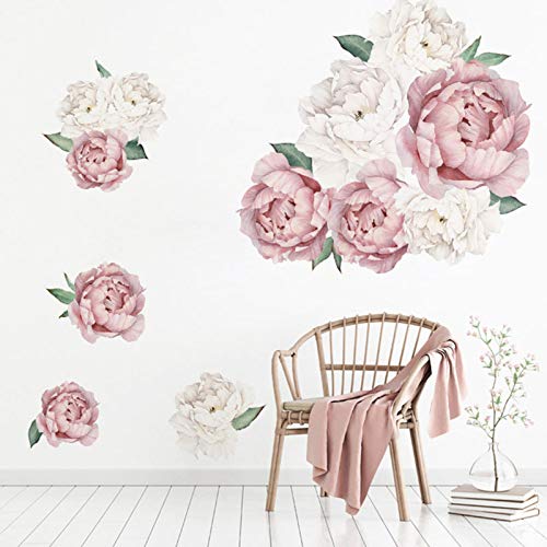 Flower Wall Decals Peony Floral Wall Stickers, Watercolor Peonies Wall Posters for Bedroom Peel and Stick Pink Blossom Art Murals for Girls Room Living Room
