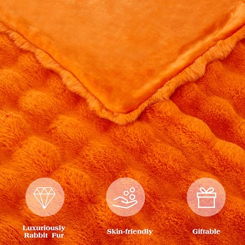JONIYEAR Large Solid Fall Bubble Faux Rabbit Fur Bed Blanket Full Size 70" x 80", Decorative Puffy Big Warm Fuzzy Blanket for Winter,Extra Thick Shaggy Cozy Comfy Fluffy Blankets for Adult Kid, Orange