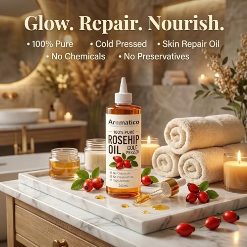 Image of AROMATICO Cold Pressed Rosehip Oil for Skin - Anti-Ageing Face Oil for Dark Spots, Wrinkles & Skin Glow | Rosehip Oil for Hair Nourishment | 200ml