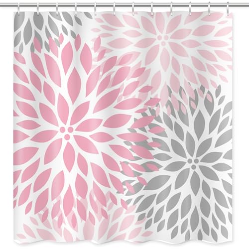 ArtSocket Shower Curtain Pale Pink Gray White Dahlias Odorless Bathroom Accessories Home Decor Polyester Fabric Waterproof 72 x 72 Inches Set with Hooks