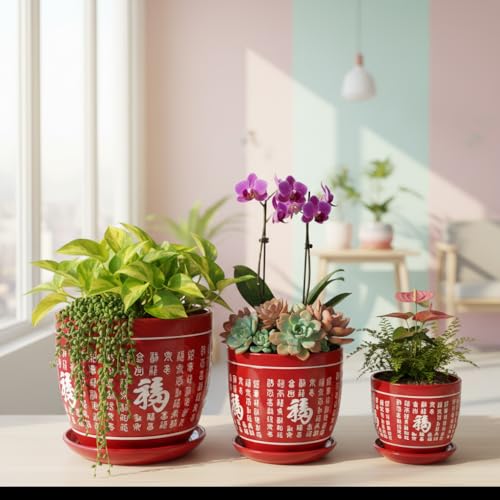 Image of Xtore Heritage Ceramic Planter Set with Drainage Trays | Oriental Pattern Plant Pots for Home, Balcony & Living Room Decor - (Set of 3, Red, Planter ONLY)