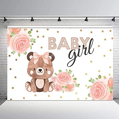 MEHOFOTO 7x5ft Bear Girl Baby Shower Photography Background Props Pink Floral Bow Baby Girl Shower Gold Dots Backdrops Party Decoration Photo Booth Banner Supplies