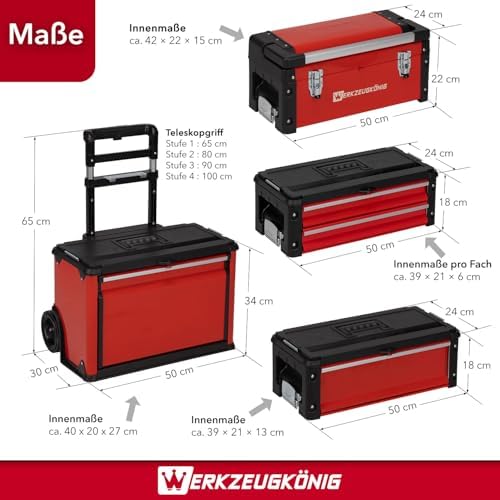 Bild 2 - Werkzeugtrolley 4 Teile Stahlblech Rot pulverbeschichtet - 1 Werkzeugkoffer, 2 schmale Schubladen, 1 hohe Schublade, 1 großes Klappfach - gratis Kleinteilekoffer