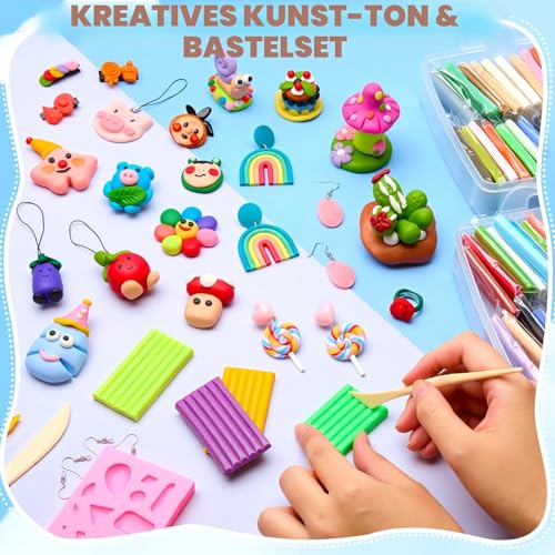 Bridokit 54 Stück Knete Kit, Polymer Clay Set Mit 19 Schnitzwerkzeuge und 2 Edelsteinsilikonform für Ohrringe, Haarspange, Modelliermasse ofenhärtend, Modellierknete für Kinder Erwachsene