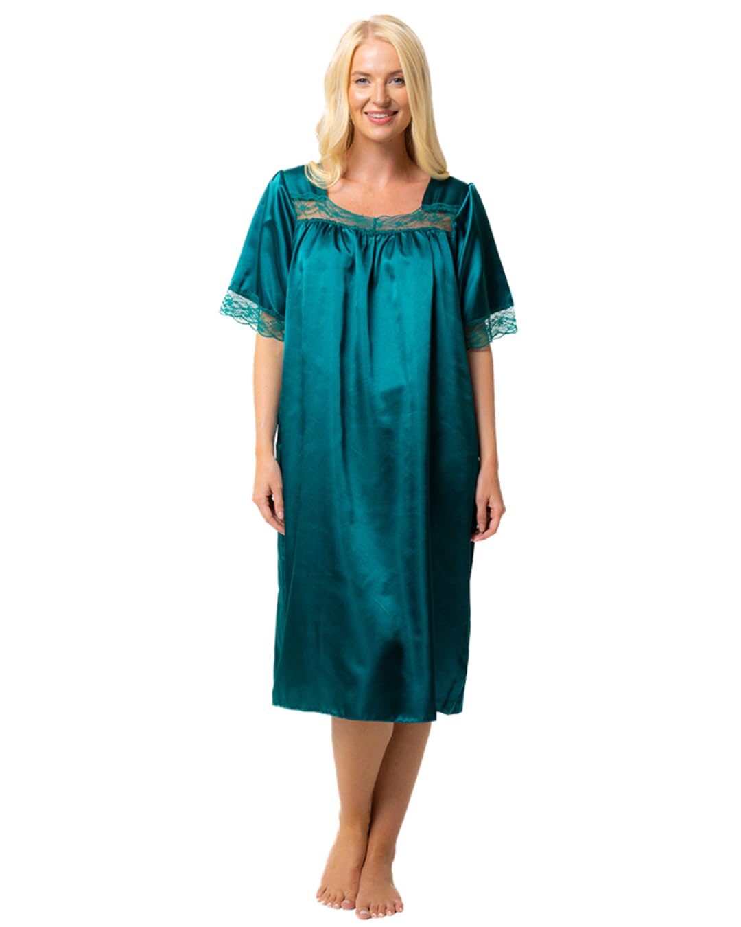 Suzy & Me Ladies Short Sleeved Lace Trim Satin Nightdress (EMERALD, 24/26)