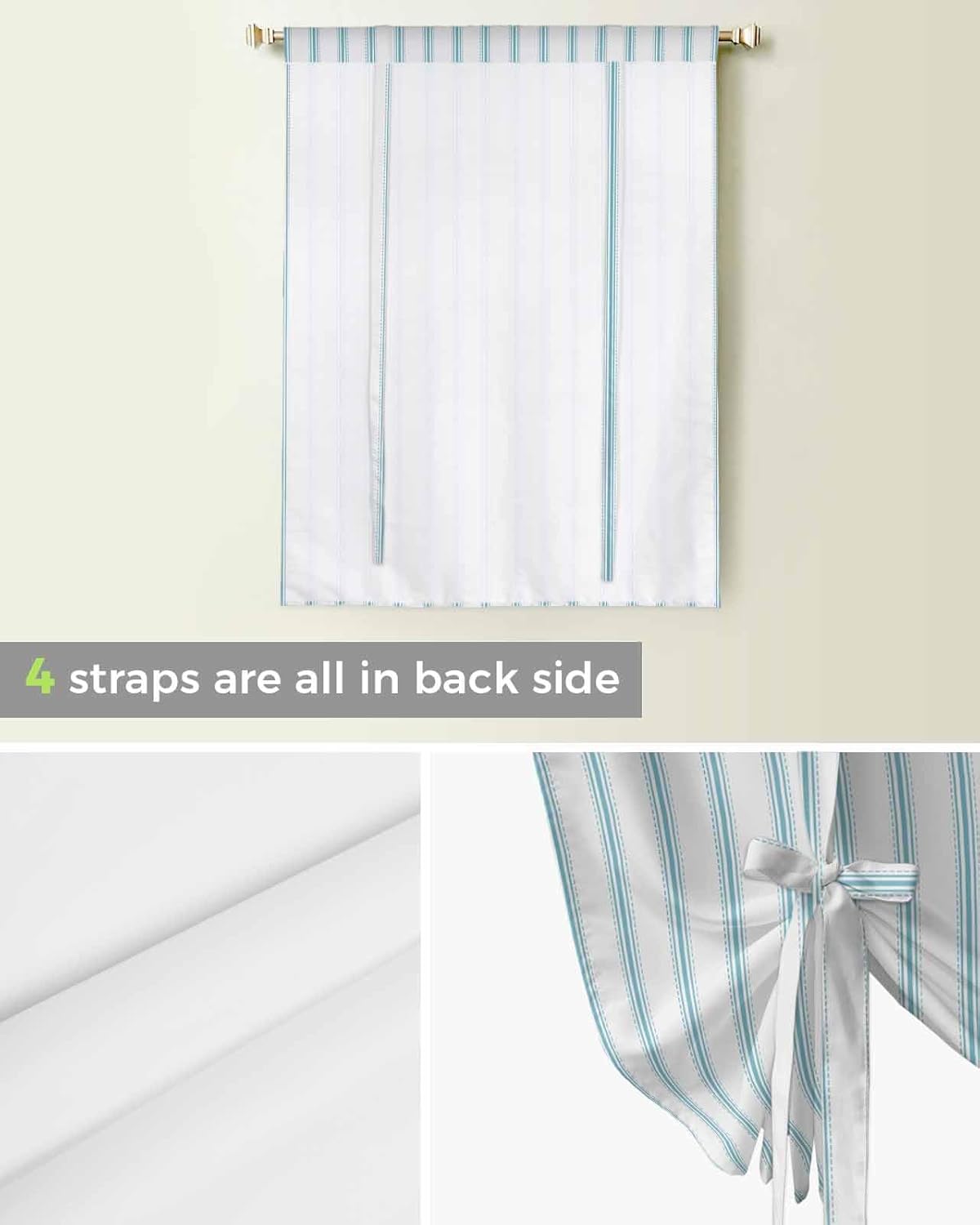 Bluish Green Stripes Tie Up Curtains for Kitchen Bathroom Bedroom Windows 63 Inch Length, Geometric Vertical Linens Modern Minimalism Balloon Drape Curtains Shade Rod Pocket Curtain Panel, 46"x63"