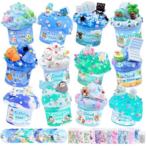 Image of 12 Pack Slimes, Blue Slime Kit, Clear Butter Slimes Cloud Slimes Fluffy DIY Kit for Girls Boys, Slime Party Favors Goodie Bag Easter Basket Stuffers, 4 5 6 7 8 9 10 Year Old Birthday Gift Cute Stuff