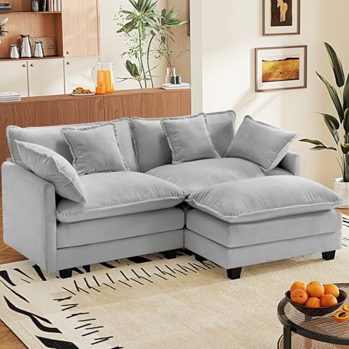 Image of 77.6 inch Modular Sectional Sofa,Loveseat Couch for Living Room, Modern Deep Seat Sofa 2 Seater Chenille Fabric Comfy Cloud Couches with Throw Pillows & Ottoman for Apartment,Small Spaces