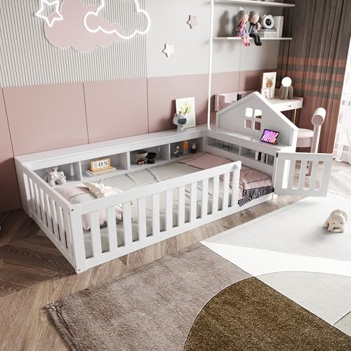 Letto per Bambini 90 x 200 con Vano Portaoggetti e Porta di Sicurezza, Montessori Letto a Terra con Rete a doghe,...