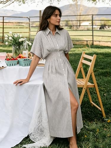 Image of MSBESYOR Women Button Front Pleated Shirt Maxi Dress Summer Striped Prints Short Sleeve Collar Casual Long Dresses