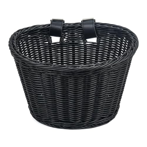 YJLDDZ Black Wicker Bike Basket with Cup Holder &ndash; Front Mount D-Shaped Handlebar Basket for Adult Bikes, Cruiser, Mobility Scooter &ndash; Large Capacity Woven Basket for Dogs, Pet Carrier, Groceries