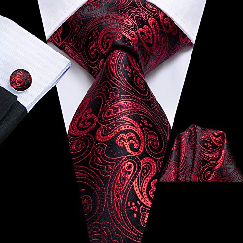 Dubulle Mens Paisely Red And Black Tie Pocket Square Woven Silk Necktie Set With Cufflinks For Wedding #TOP1
