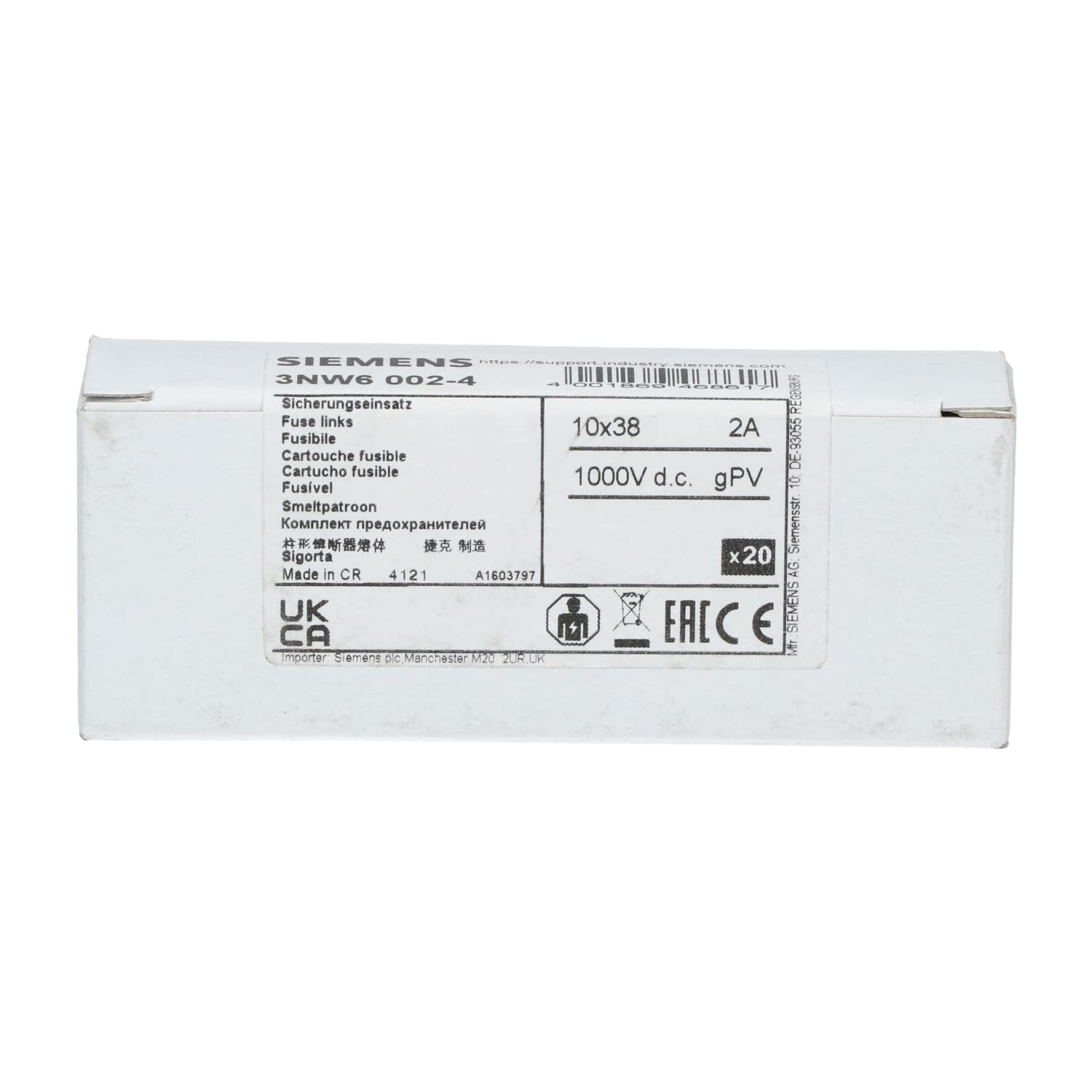 Siemens sentron – Fusibile cilindrico 10 x 38 mm 1000 V 2 A GPV per fotovoltaica