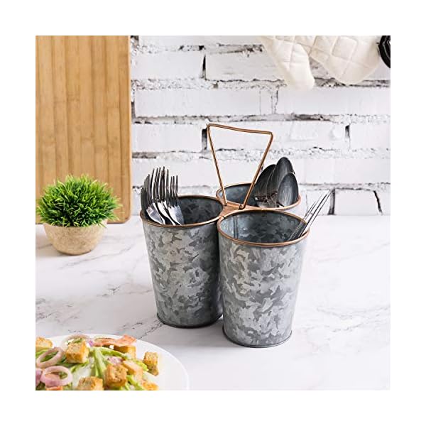 MyGift Galvanized Metal Utensil Holder Caddy with 3 Compartments, Copper Rim and Handle, Countertop Cutlery Storage, Flatware Organizer Holds Forks, Knives, Spoons - Handcrafted in India