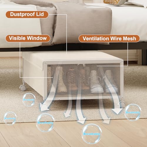 Image of 2 Pack Under the Bed Storage Containers,10 inch Height Under Bed Shoe Storage,31inch Long Underbed Storage with Wheels,Large Rolling under bed Clothes Storage Drawers with Lid for Dorm Tall ,Ivory