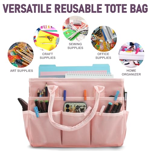 Image of Cupohus Art Organizer Craft Storage Tote Bag with Pockets and Handles, Oxford Fabric Carrying Caddy for Teacher, Officer, Artist, Traveler, and more -Pink
