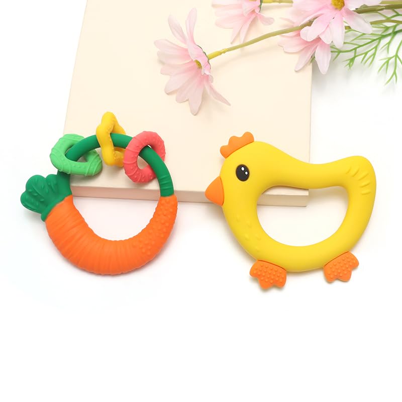 Baby Teether with Easy-Hold Handle, Silicone, BPA-Free, Soothe Sore Gums, Textured for Sensory Development, Teethable Surfaces - Baby Teething Toy for 3 Months & Up (Carrot and Chicken)