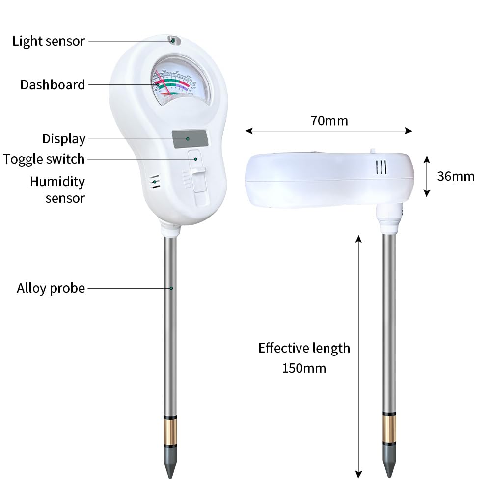 Soil Tester 6-in-1 Soil Moisture Meter Sunlight/Moisture/Fertility/PH/Environment Temperature/Environment Humidity,Backlight LCD Display for Gardener,Lawn, Farming,Plant Care,Potting Soil Growing