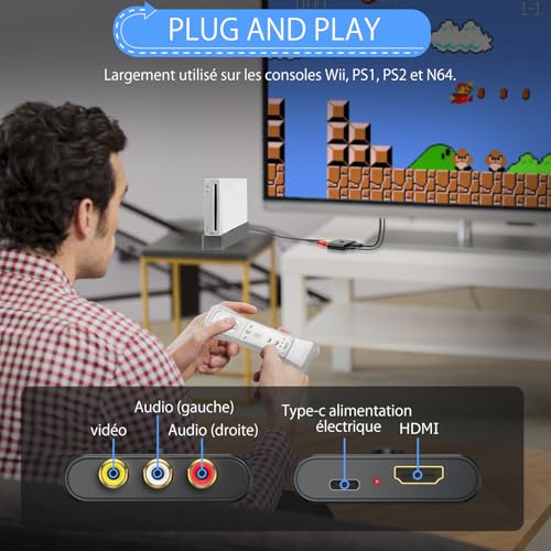 CAMWAY Convertisseur AV vers HDMI avec Câble 50cm Adaptateur RCA vers HDMI 1080P/720P (60Hz)pour PS1/PS2/Wii/N64 Commutateur 4:3/16:9 Exclusif Plug & Play Compatible Téléviseurs/Moniteurs+ un câble AV – vue 6