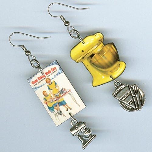 Cookbook Earrings - Vintage Baking Mixer Cupcakes - Bakers chef cooks gift - Asymmetrical mismatched earring