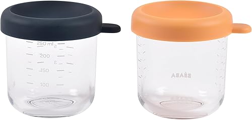 BEABA - Paquete de 2 tarros de vidrio para alimentos para bebés con tapas herméticas de silicona suave, recipientes de almacenamiento de vidrio de 8