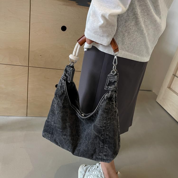 Image of LIZHAOCAI Women Denim Shoulder Handbag Underarm Bag Tote Purse (Black)
