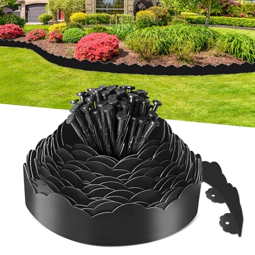 Lawn Edging Border 10cm Tall 10m Flexible Garden Edging Borders Strip with 50pcs Pegs for Yards Edge, Flower Beds Fence & Grass Paths Edging Tool, No Dig Plastic Edging for Lawns (Black)