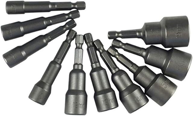 Metric 1/4 Inch Shank Magnetic Socket Spanner Set Nuts Magnetic Bit Adapter 6 mm - 19 mm Socket Adapter Hexagon Drill Bit Socket Adapter Pack of 10