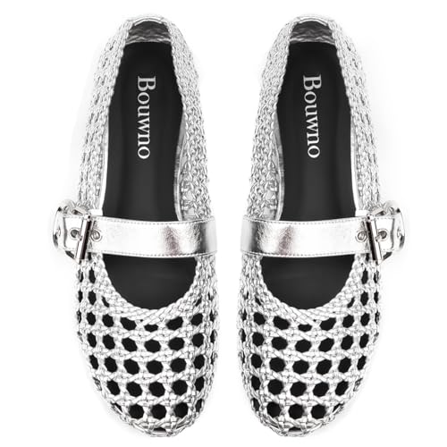 Image of Woven Ballet Flats Mesh Mary Jane Flats for Women Dressy Comfortable Ballerina Flat Round Toe Buckle Strap Mesh Shoes Casual Mary Janes