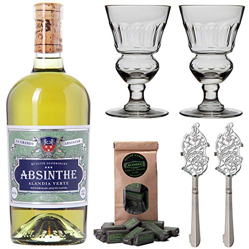 Absinth Set ALANDIA Verte | Mit Goldmedaille prämiert | Traditionelles 19. Jh. Rezept | 2x Gläser 2x Löffel 1x Zucker | (1x 0 5 l)
