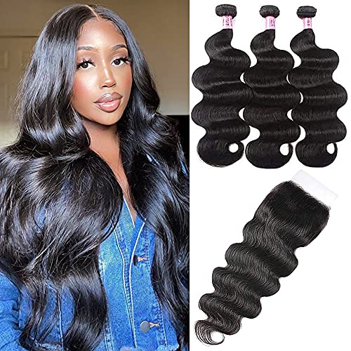 Image of UNICE Body Wave Human Hair Bundles with Closure 18 20 22+18 inch Brazilian Virgin Hair Weave 3 Bundles Human Hair with 5x5 hd Lace Closure Free Part Bleached Knots Natural Black