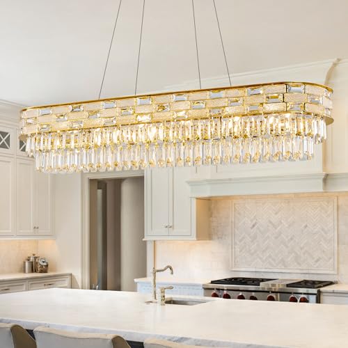 Large Oval K9 Crystal Chandelier - Luxury Modern 3 Tier Linear Crystals Chandeliers - 15 Lights Brushed Gold Pendant Light Fixture for Dining Room Kitchen Island Entryway Bar Living Room - L